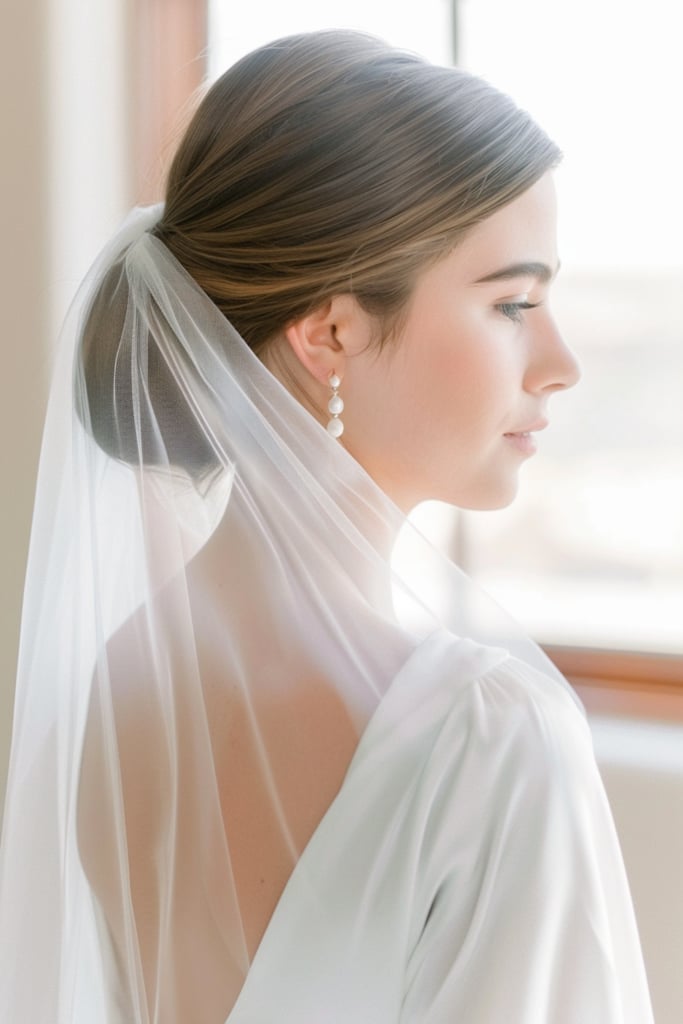 Dark Brown Fine Hair Low Bun With Veil — Low Bun Wedding Hair