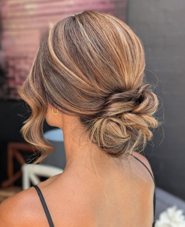Honey Blonde Balayage Low Bun With Waves — Low Bun Wedding Hair