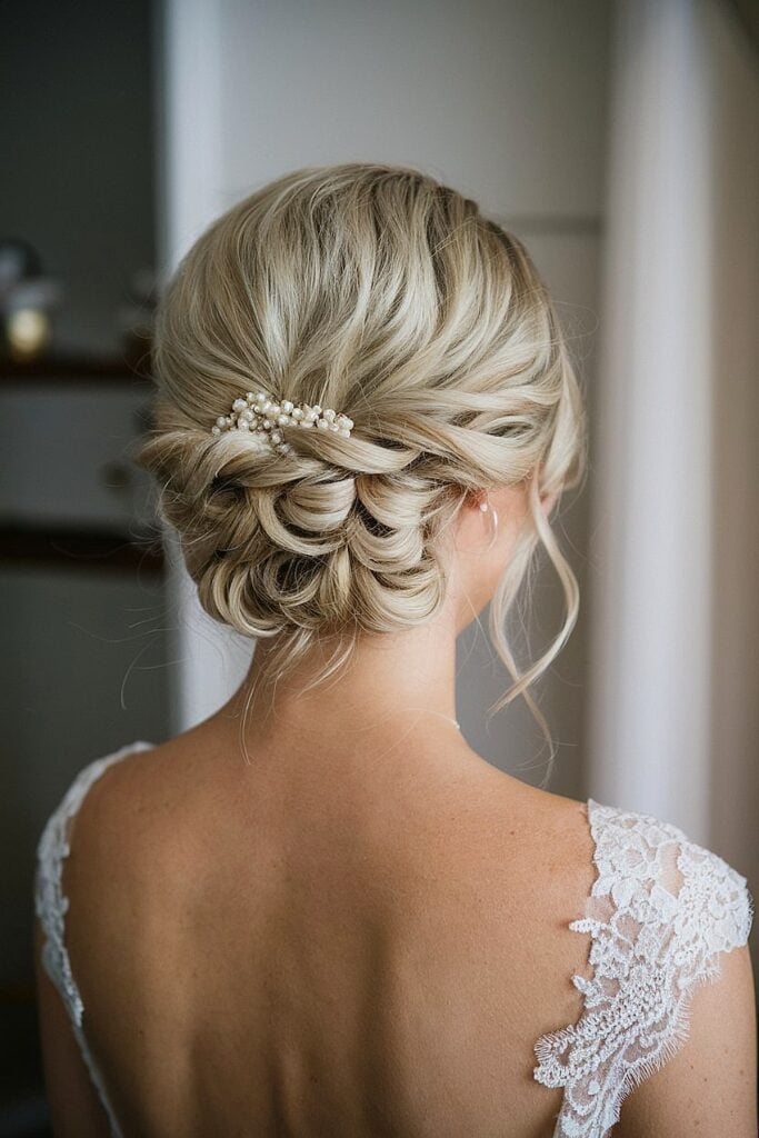 Intricate Pearl Adorned Blonde Low Bun — Low Bun Wedding Hair