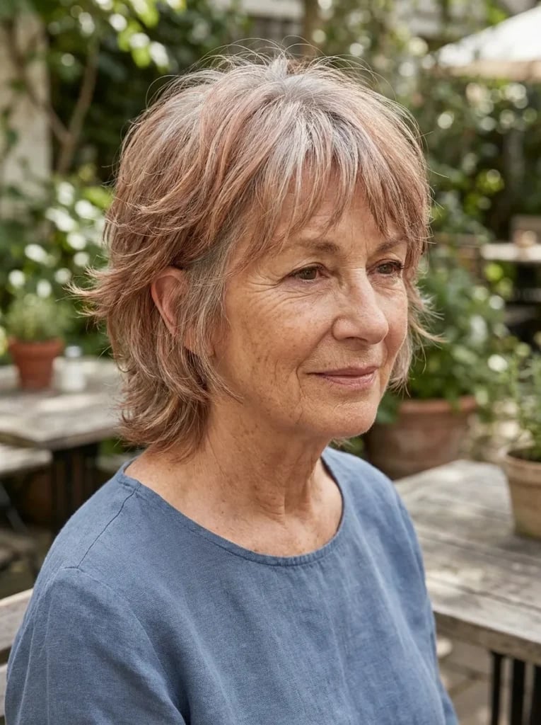 Light Brown Shag With Choppy Bangs Light Brown Shag With Choppy Bangs — Trendy Short Shag