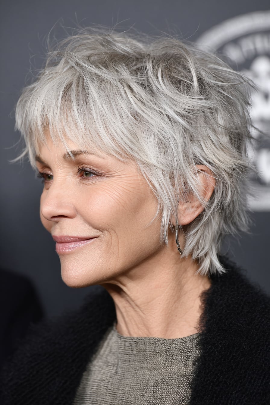 Silver Gray Shag With Wispy Fringe Silver Gray Shag With Wispy Fringe — Trendy Short Shag