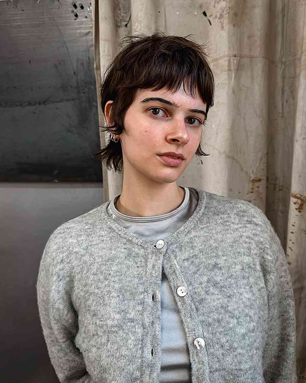 Ear Length Shag With Micro Bangs, Dark Brown Ear Length Shag With Micro Bangs, Dark Brown — Trendy Short Shag