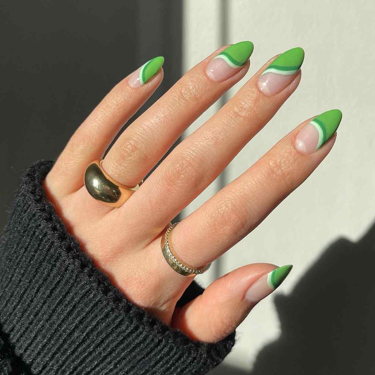 Long Stiletto Nails With Wavy Green French Tips — Trendy Green French Tip Nails
