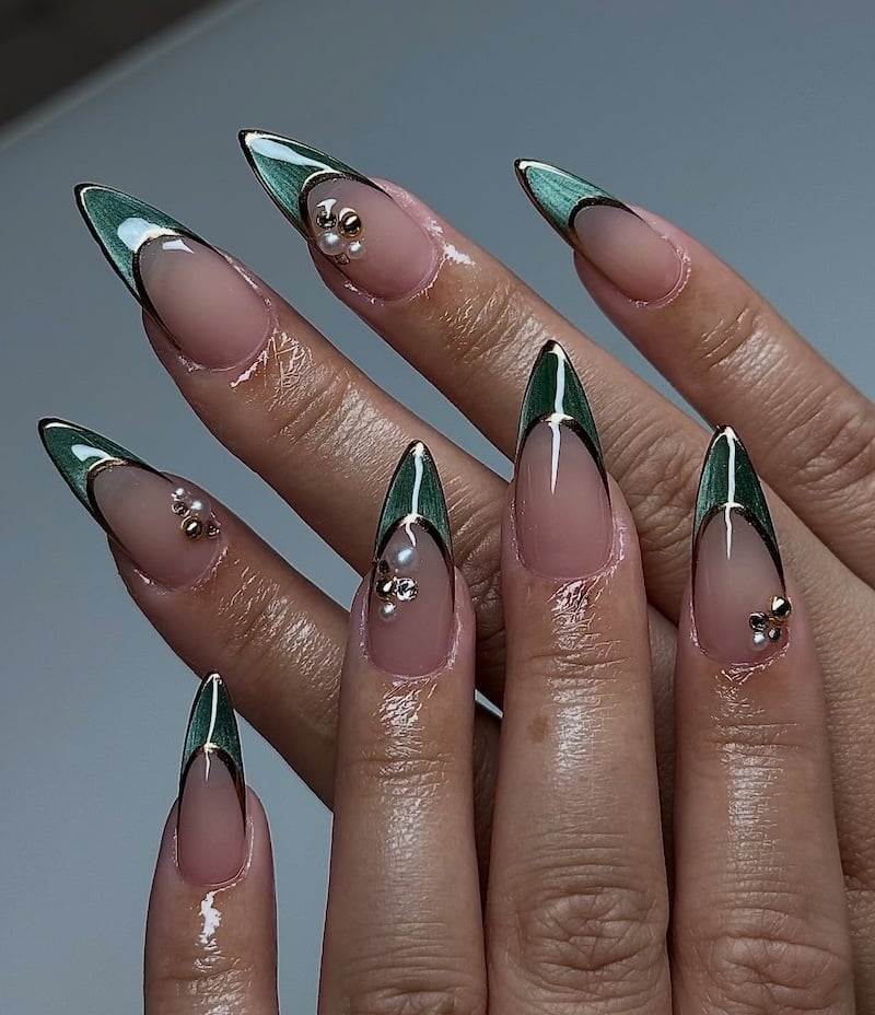 Long Stiletto With Emerald Cat-Eye Green Tips And Pearl Accents — Trendy Green French Tip Nails