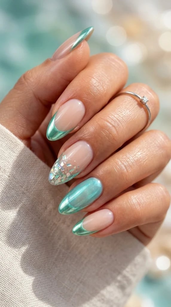 Medium Oval With Metallic Mint Green Tips And Glitter — Trendy Green French Tip Nails