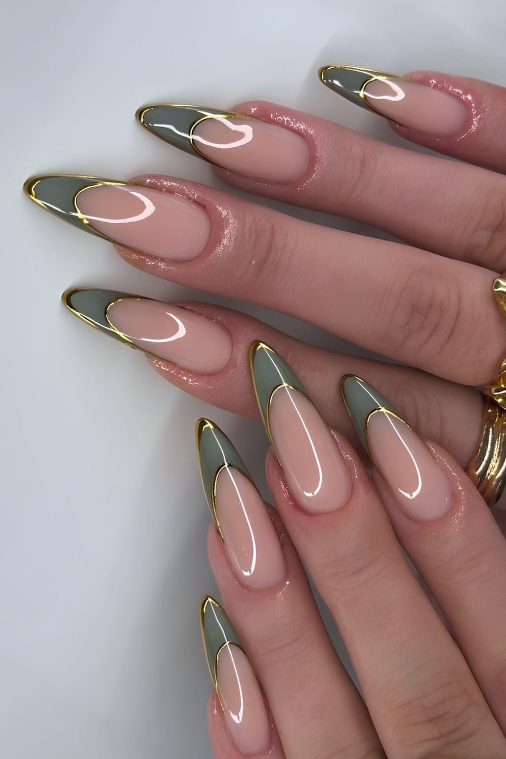 Long Stiletto With Sage Green Tips And Gold Outline — Trendy Green French Tip Nails