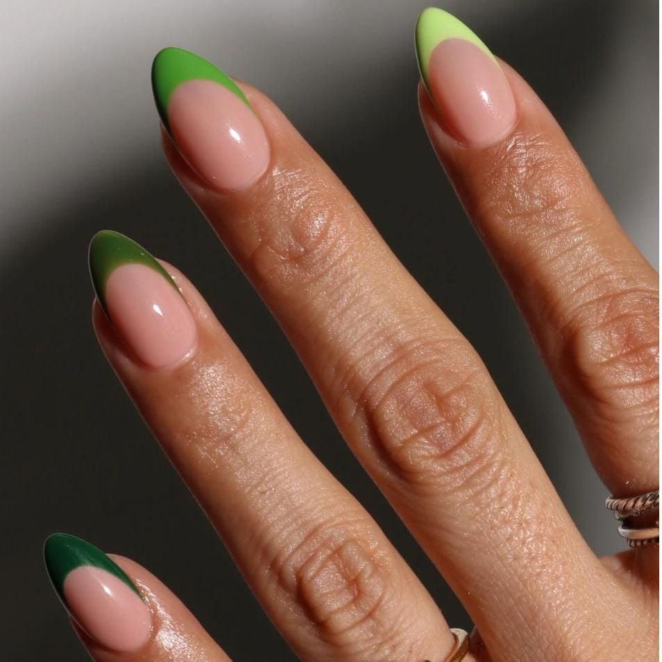 Medium Almond With Two-Tone Green French Tips — Trendy Green French Tip Nails