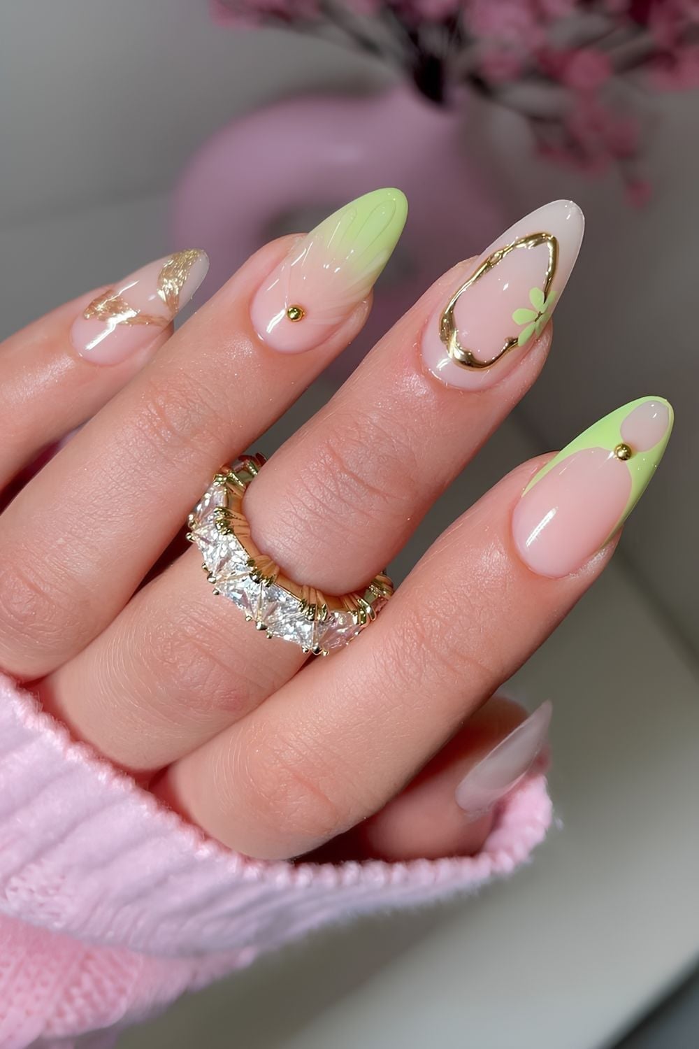 Long Almond With Green And Yellow Gradient Tips And Foil Accents — Trendy Green French Tip Nails