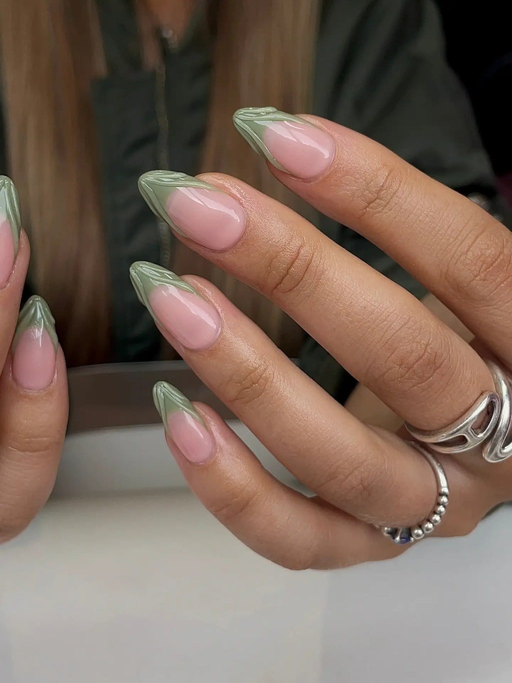 Medium Almond With Solid Sage Green French Tips — Trendy Green French Tip Nails
