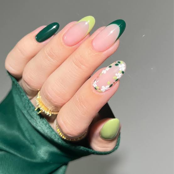Medium Almond With Mixed Green Tips And Floral Art — Trendy Green French Tip Nails