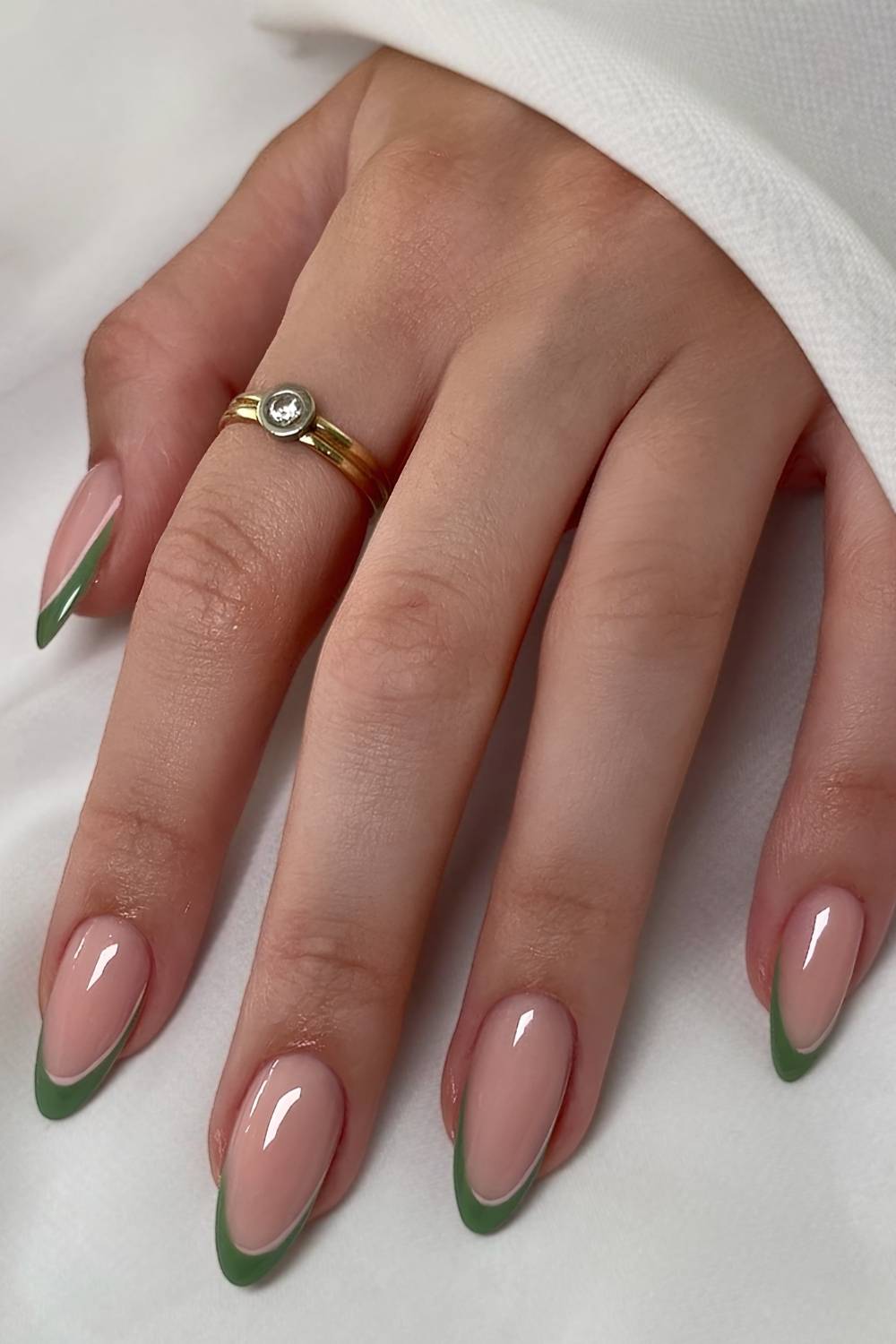 Medium Almond With Sharp Forest Green French Tips — Trendy Green French Tip Nails