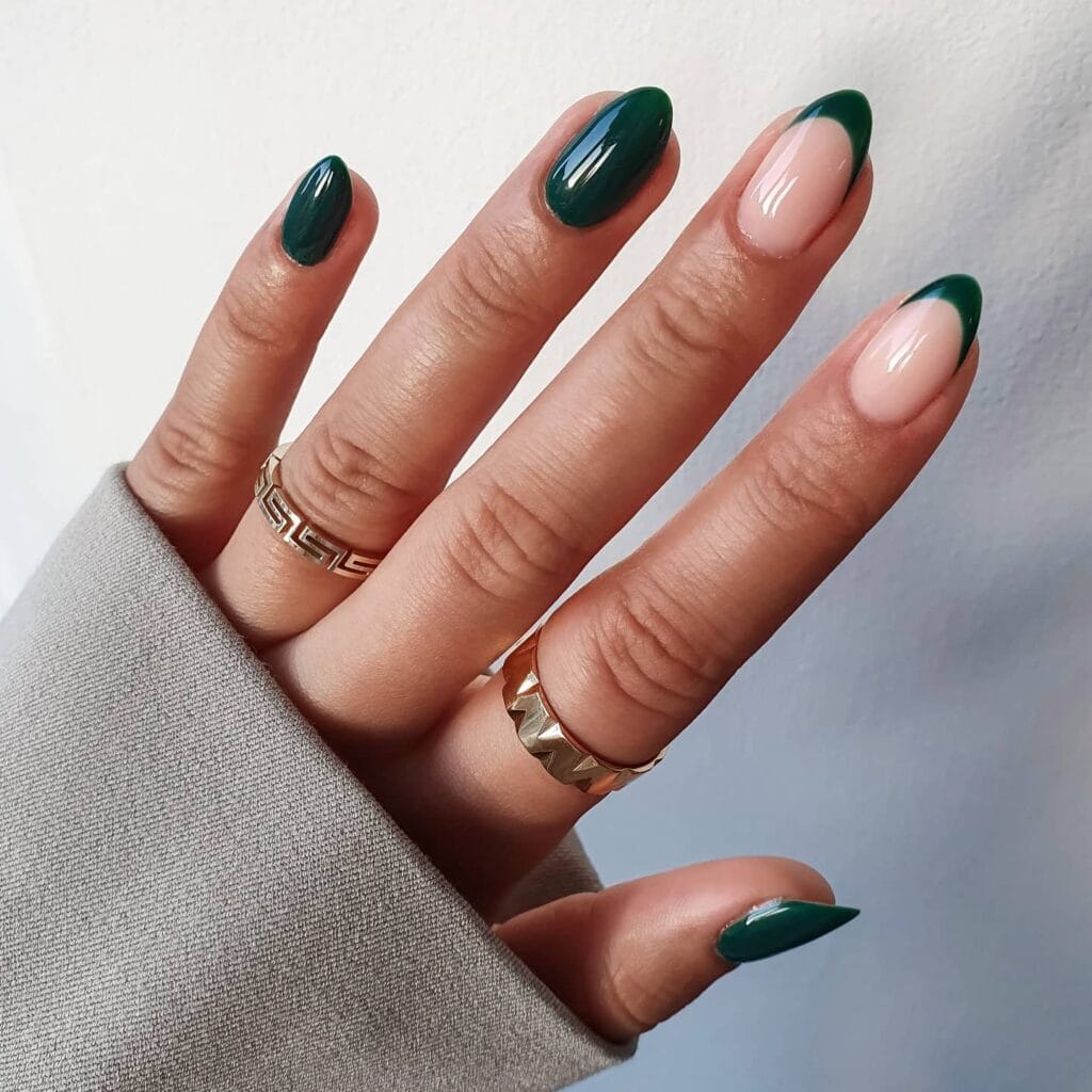 Short Almond With Dark Green French Tips — Trendy Green French Tip Nails