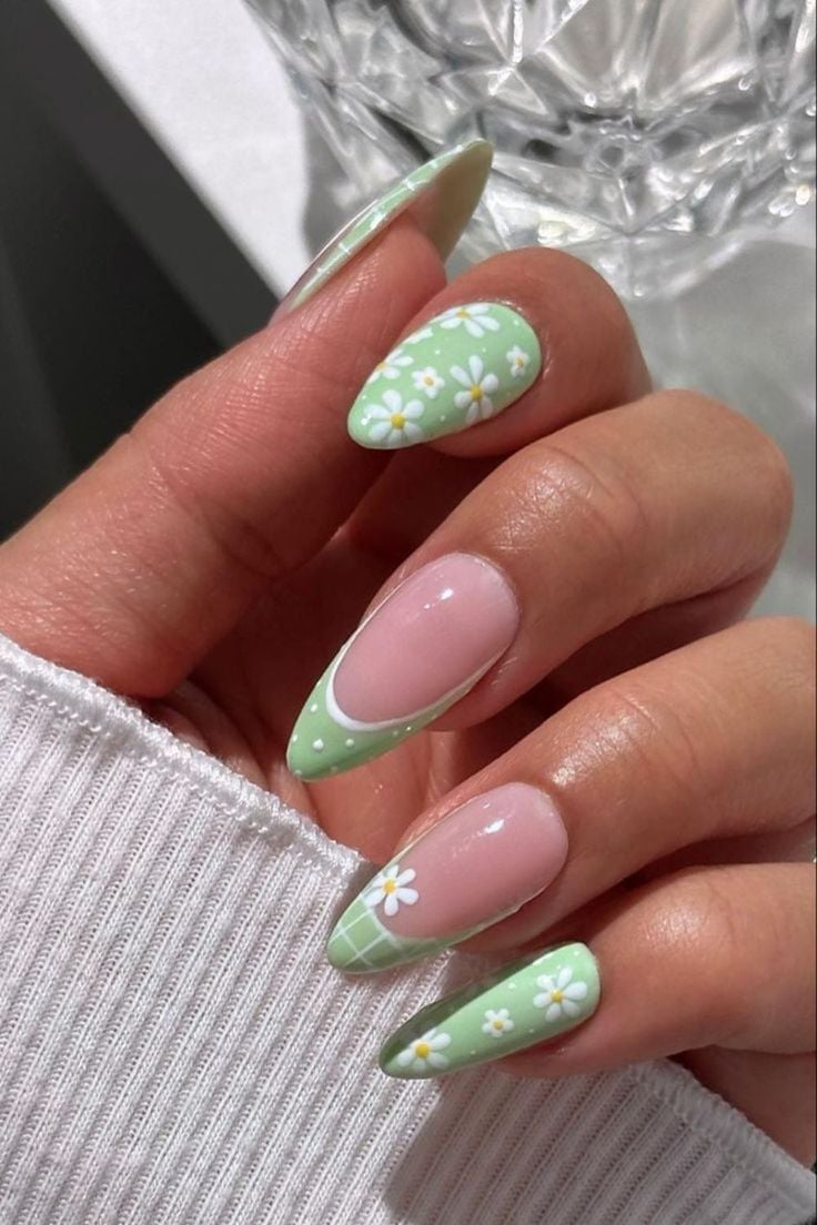 Medium Almond With Light Green Base And White Daisy Accents — Trendy Green French Tip Nails