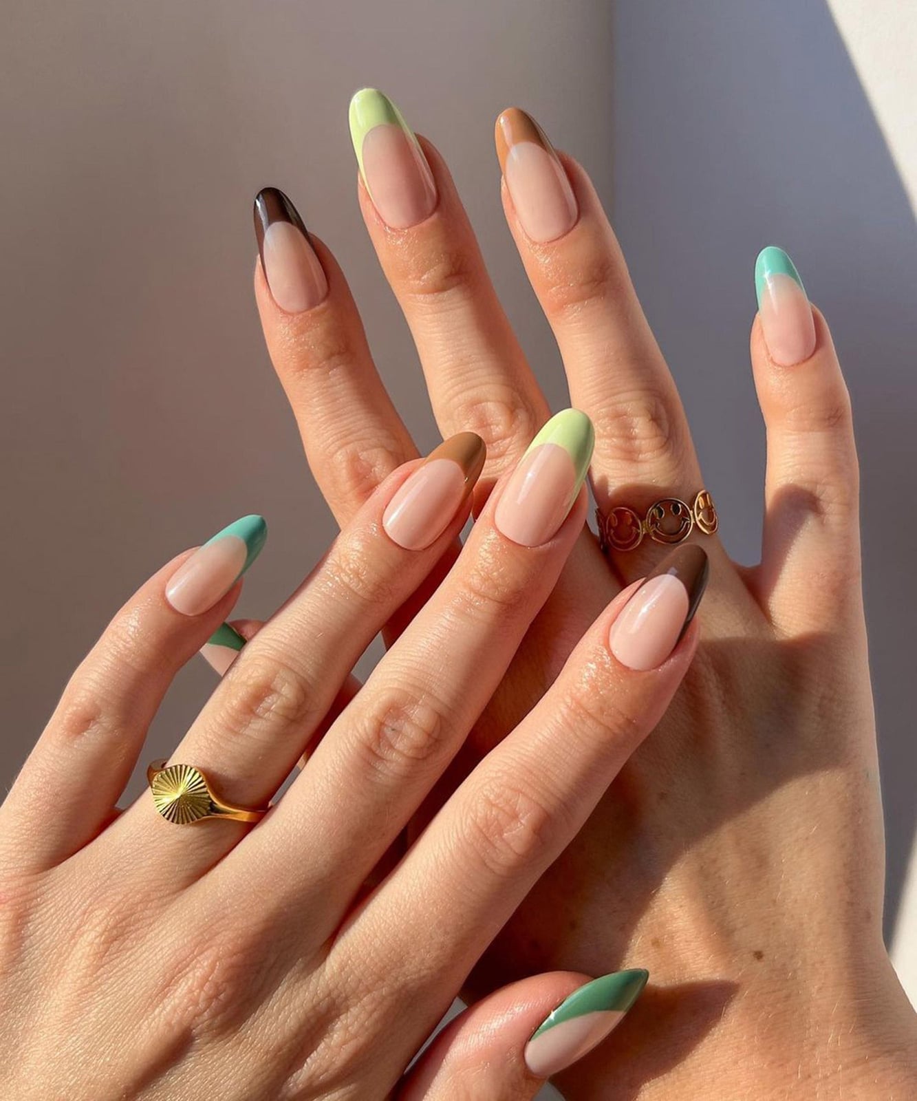 Medium Almond With Multi-Colored Green, Brown, And Blue Tips — Trendy Green French Tip Nails
