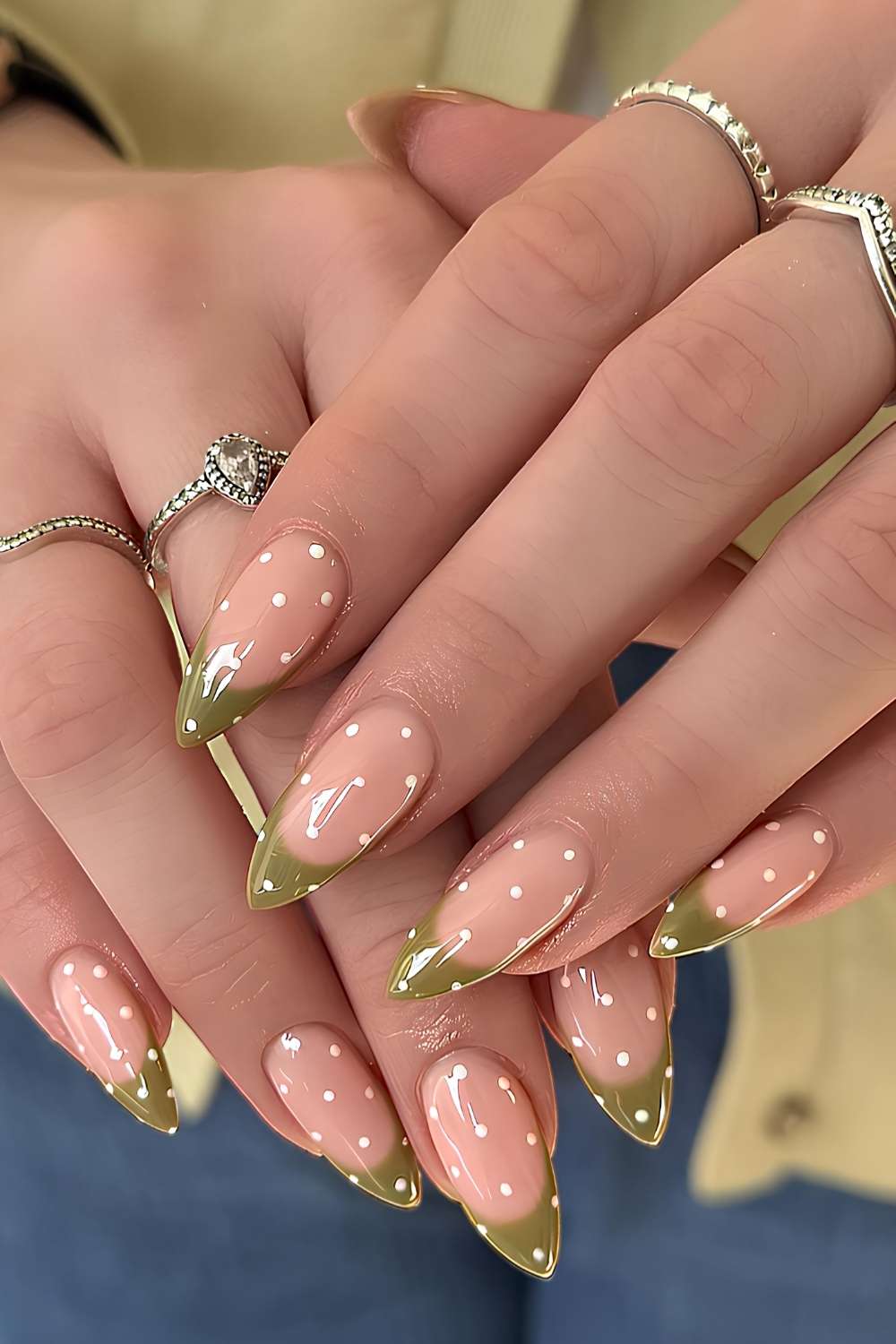 Medium Stiletto With Olive Green Polka Dot Tips — Trendy Green French Tip Nails