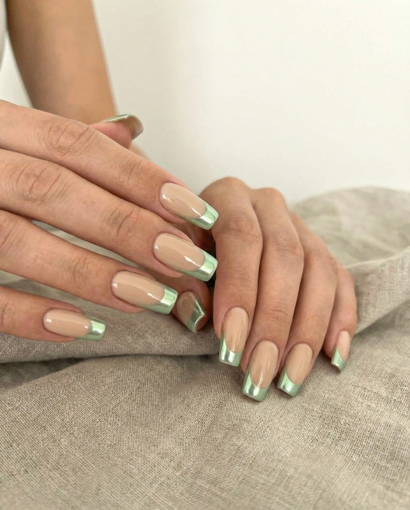 Medium Square With Metallic Mint Green French Tips — Trendy Green French Tip Nails