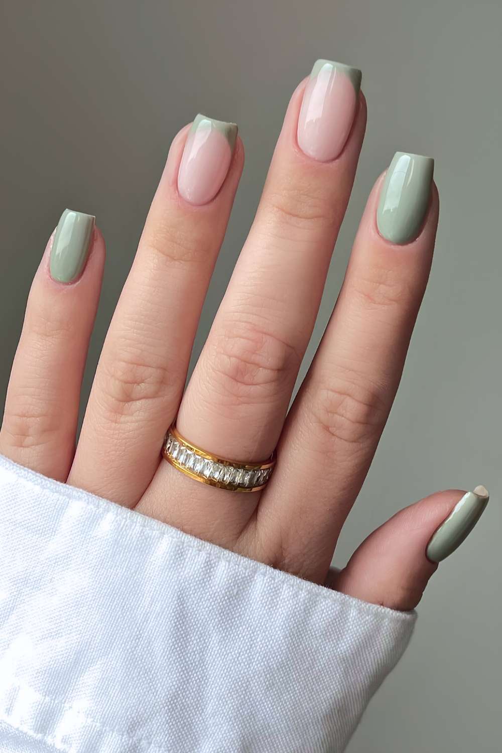 Short Oval With Solid Sage Green French Tips — Trendy Green French Tip Nails