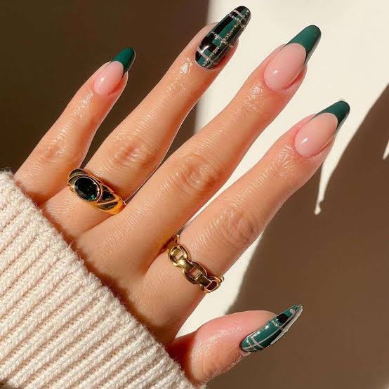 Long Almond With Deep Green Tips And Plaid Accent — Trendy Green French Tip Nails