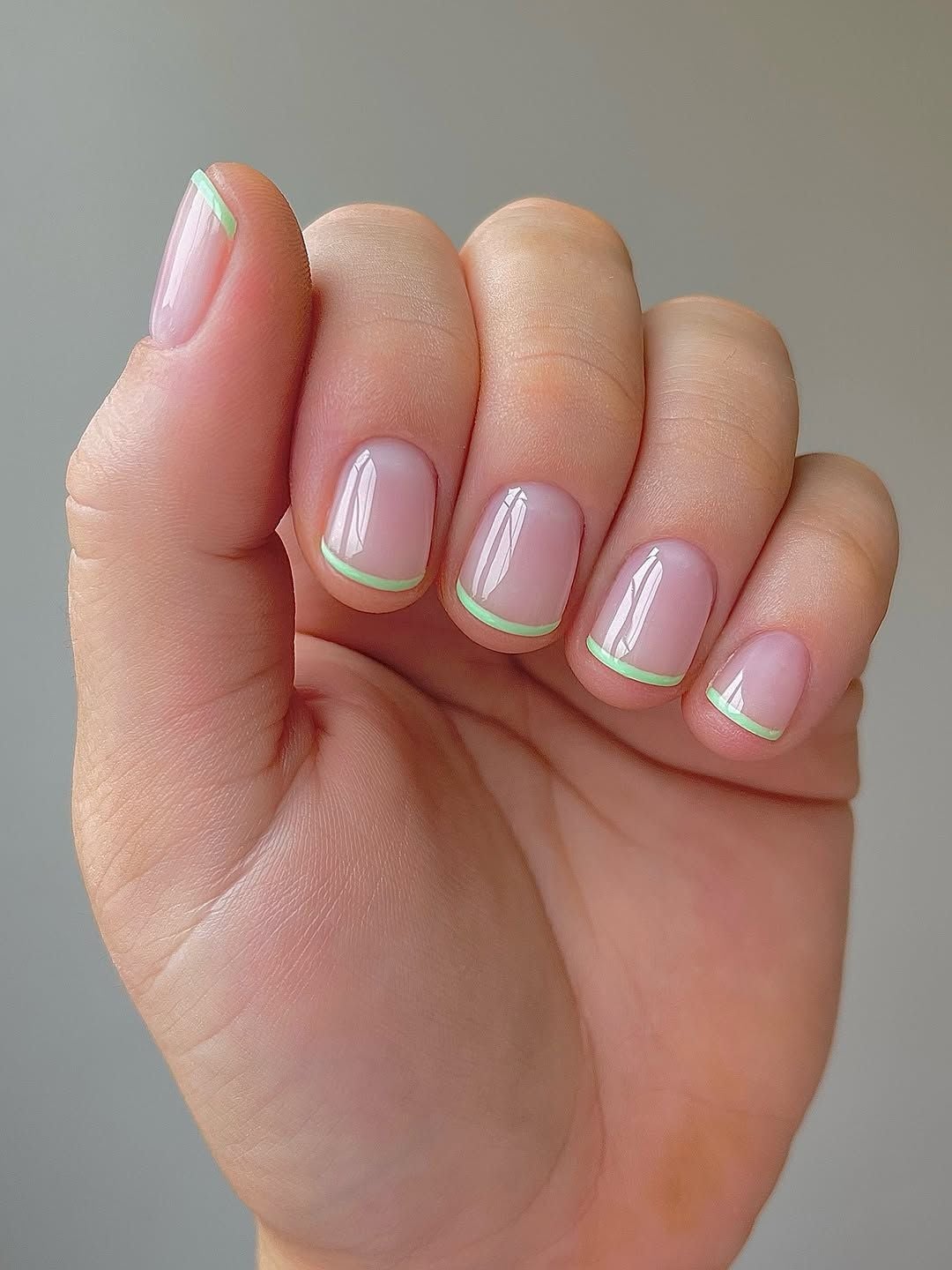 Short Square With Thin Mint Green Lines — Trendy Green French Tip Nails