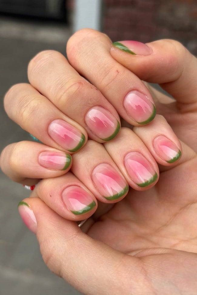 Long Oval With Olive Green Tips And Pink Aura Effect — Trendy Green French Tip Nails