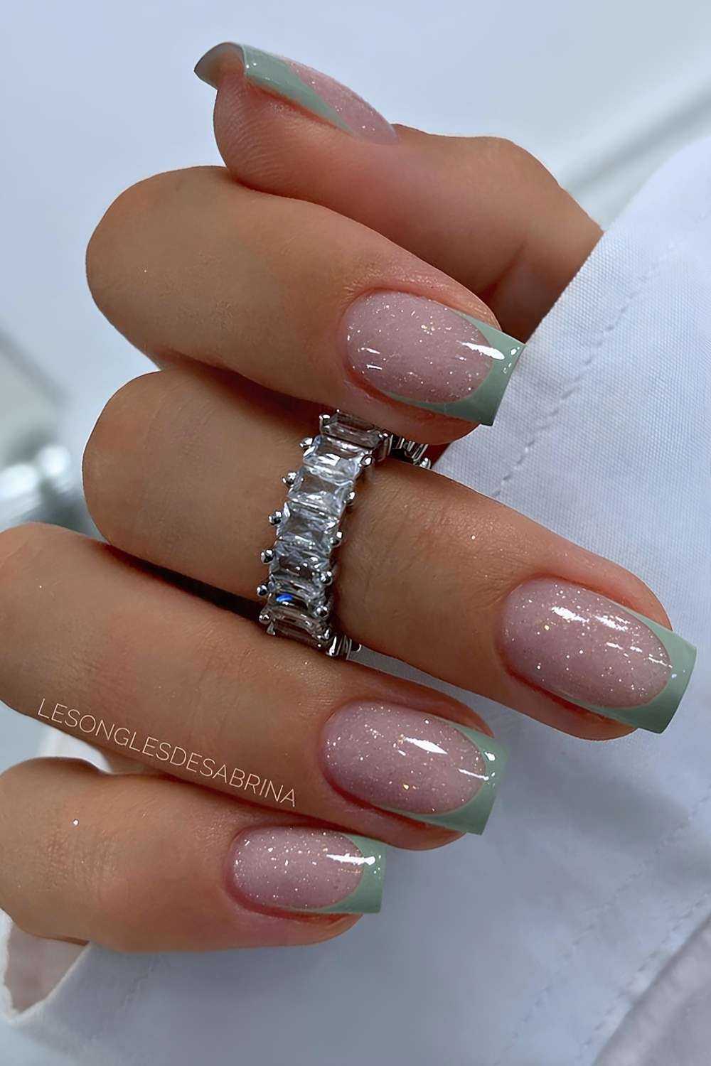 Short Square With Sage Green Glitter Tips — Trendy Green French Tip Nails