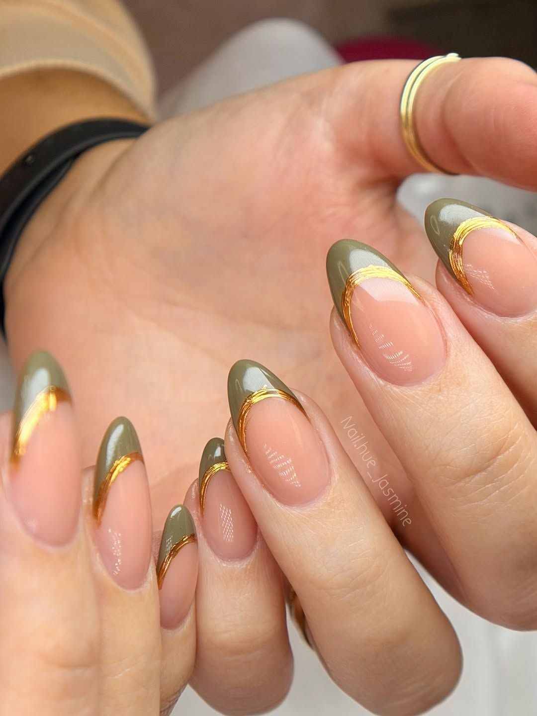 Medium Almond With Olive Green Tips And Gold Foil Accents, Glossy — Trendy Green French Tip Nails