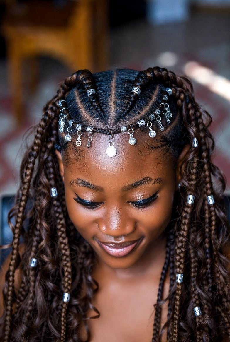 Mid-Back Fulani Braids With Ornate Silver Charms Mid-Back Fulani Braids With Ornate Silver Charms — Fulani Braid Styles with Curls