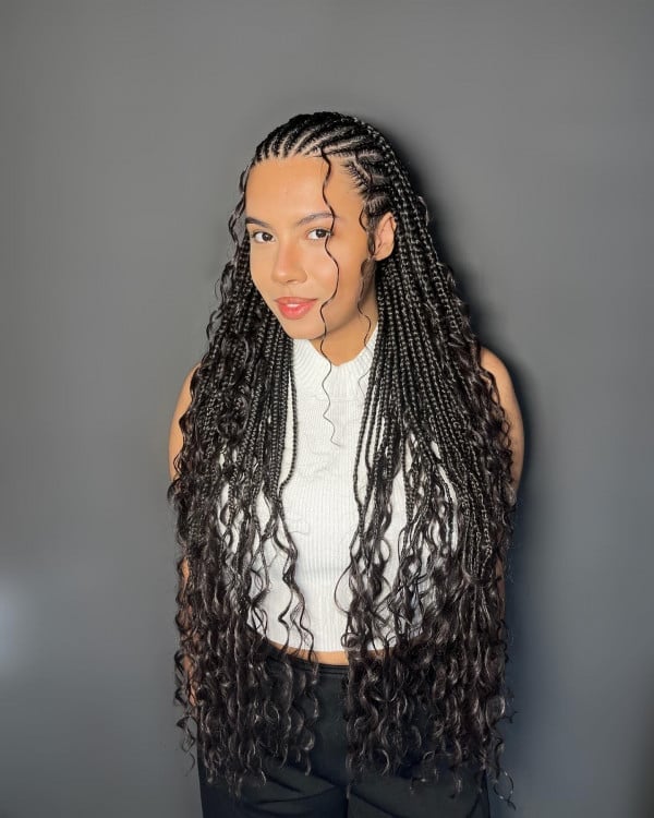 Mid-Back Fulani Braids With Curtain Bangs and Curls Mid-Back Fulani Braids With Curtain Bangs and Curls — Fulani Braid Styles with Curls