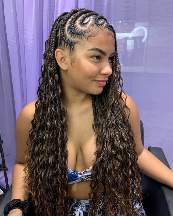 Mid-Back Side Part Fulani Braids With Geometric Pattern, Curly Mid-Back Side Part Fulani Braids With Geometric Pattern, Curly — Fulani Braid Styles with Curls