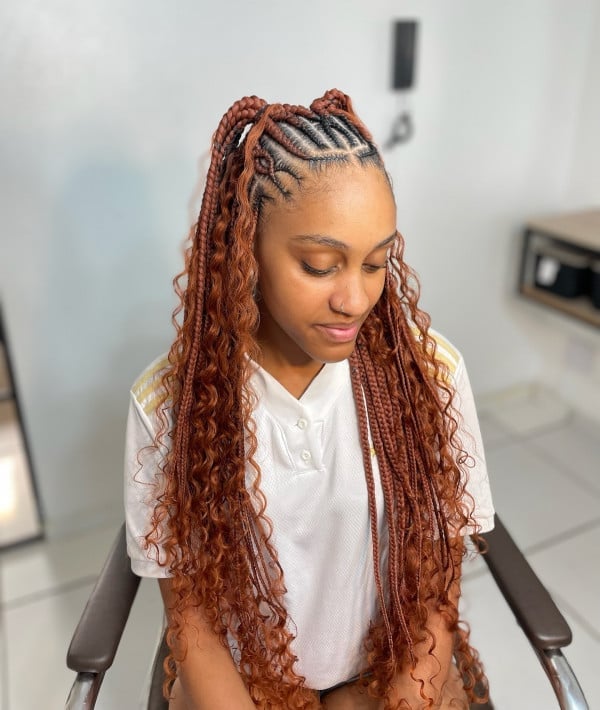 Mid-Back Fulani Braids in Two High Ponytails With Copper Curls Mid-Back Fulani Braids in Two High Ponytails With Copper Curls — Fulani Braid Styles with Curls