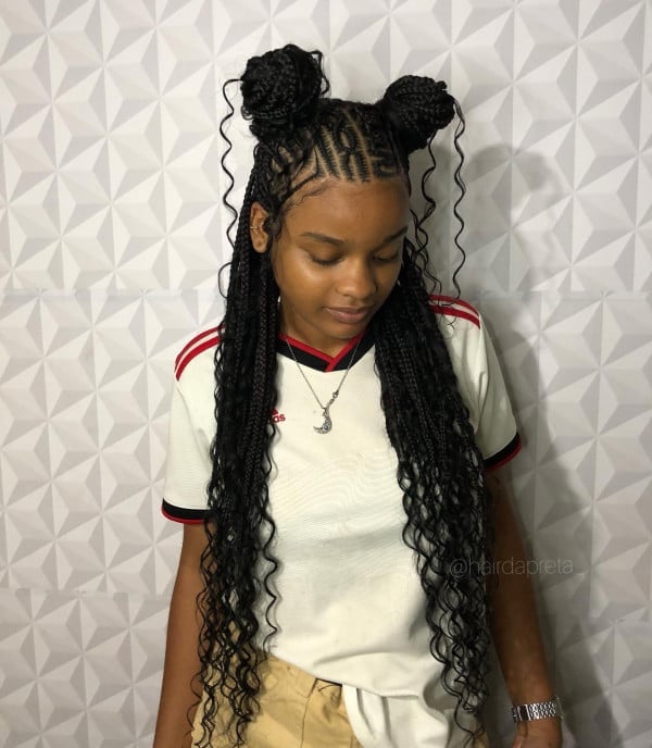 Mid-Back Fulani Braids With Double Buns and Curls Mid-Back Fulani Braids With Double Buns and Curls — Fulani Braid Styles with Curls