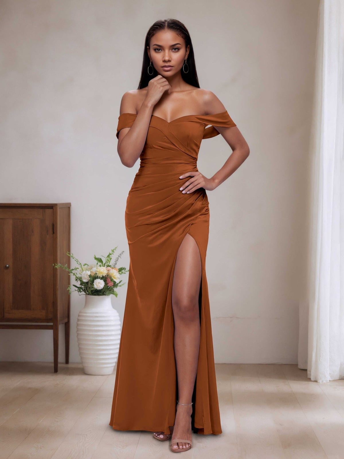 Off-Shoulder Burnt Orange Satin Sheath Dress Off-Shoulder Burnt Orange Satin Sheath Dress — Trendy Burnt Orange Dress