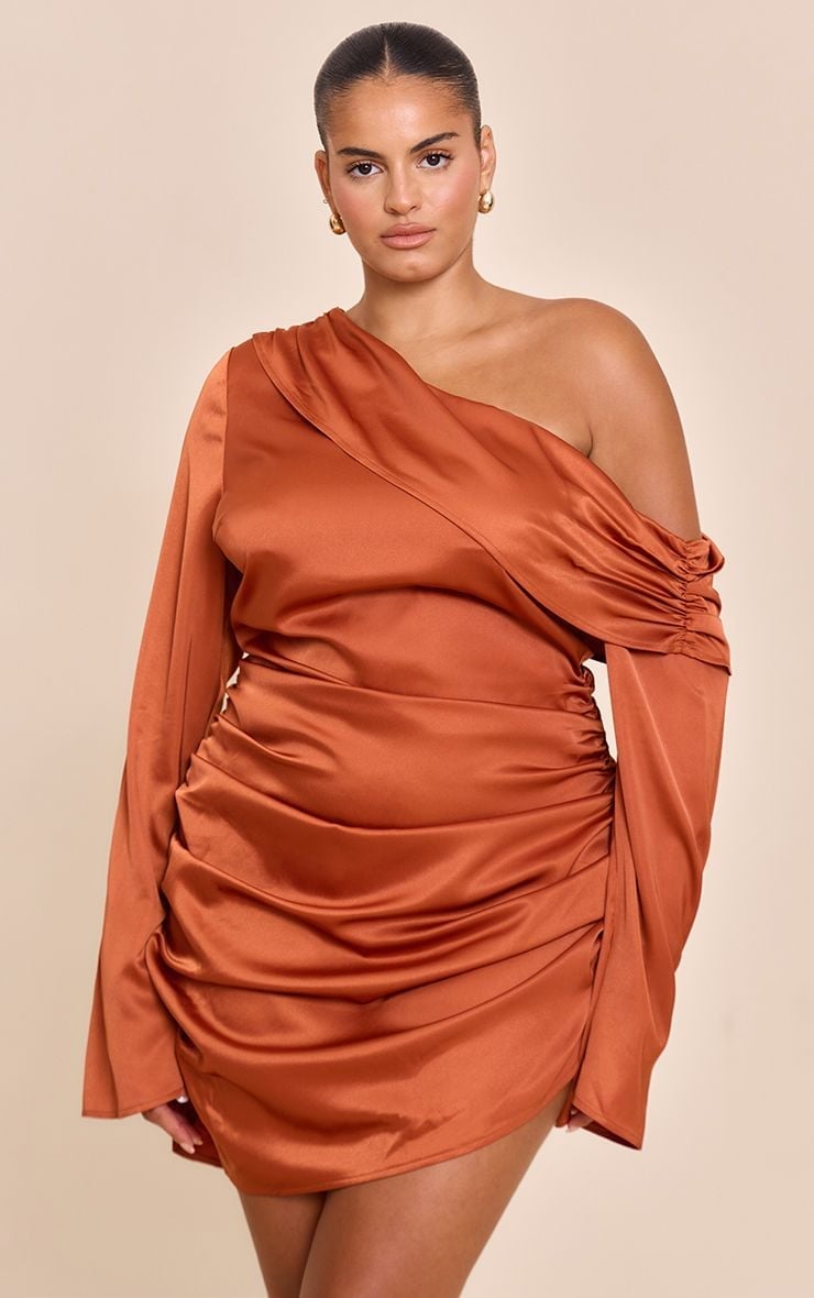 Burnt Orange Satin One-Shoulder Mini Dress Burnt Orange Satin One-Shoulder Mini Dress — Trendy Burnt Orange Dress