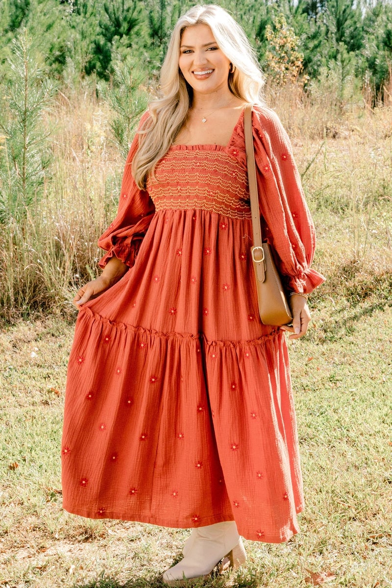 Burnt Orange Tiered Midi Dress with Smocked Bodice Burnt Orange Tiered Midi Dress with Smocked Bodice — Trendy Burnt Orange Dress