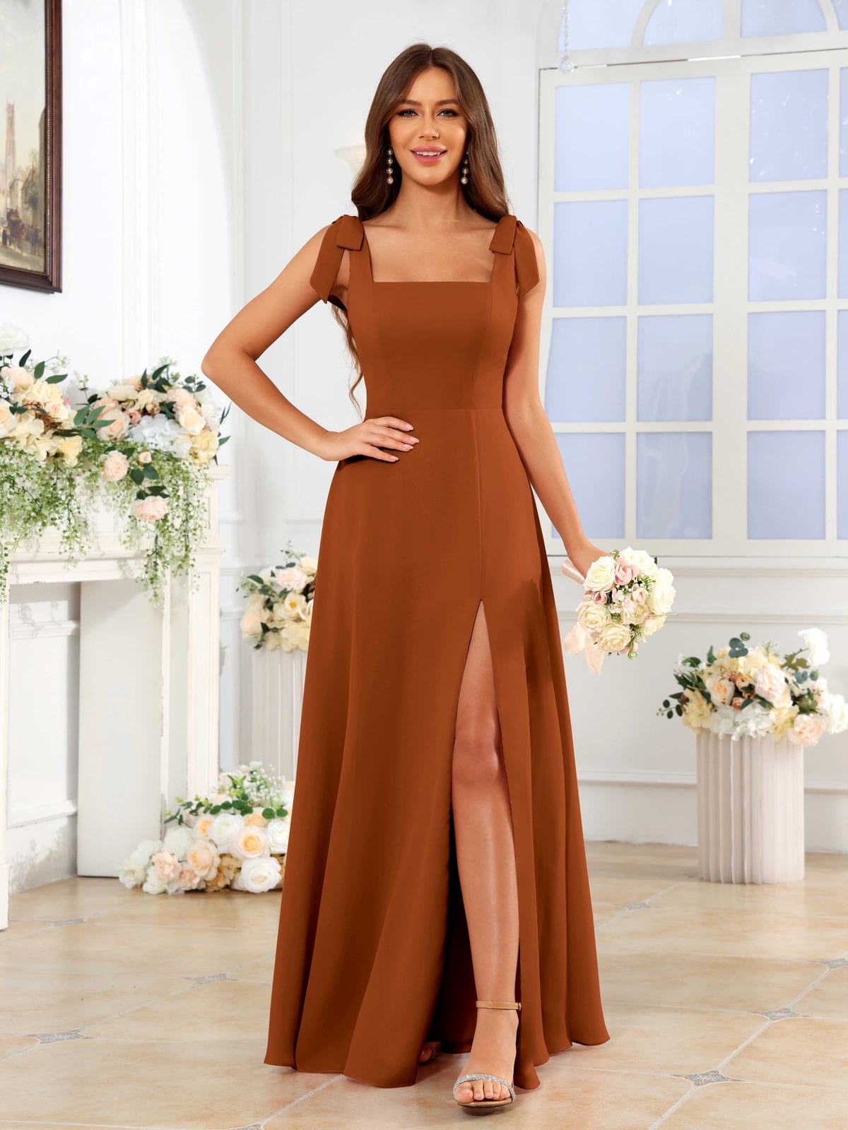 Brownish Orange Chiffon Dress with Tie Straps Brownish Orange Chiffon Dress with Tie Straps — Trendy Burnt Orange Dress