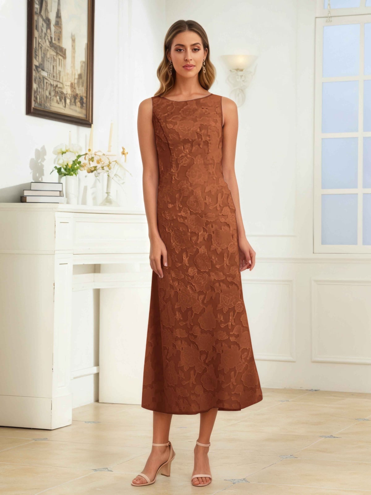 Brown Jacquard A-Line Midi Dress Brown Jacquard A-Line Midi Dress — Trendy Burnt Orange Dress