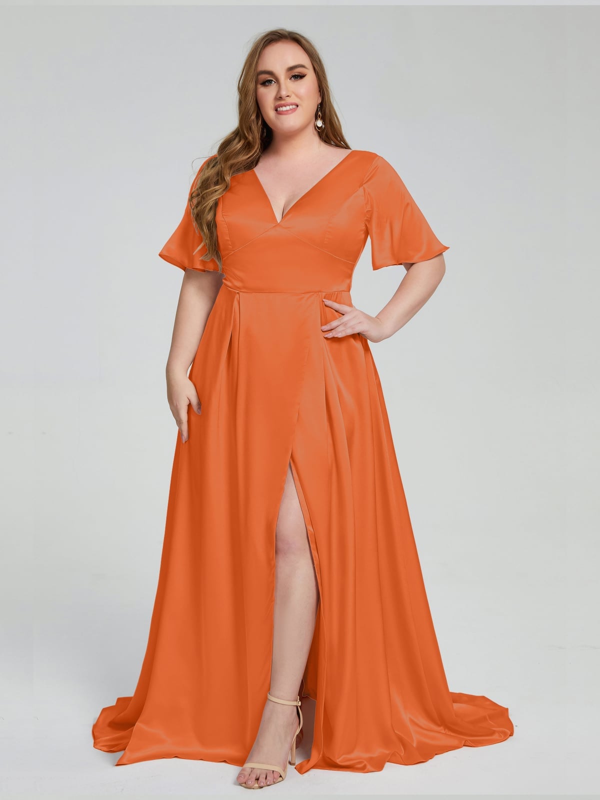 Orange Satin A-Line Maxi Dress with Plunging Neck and Strappy Sandals Orange Satin A-Line Maxi Dress with Plunging Neck and Strappy Sandals — Trendy Burnt Orange Dress