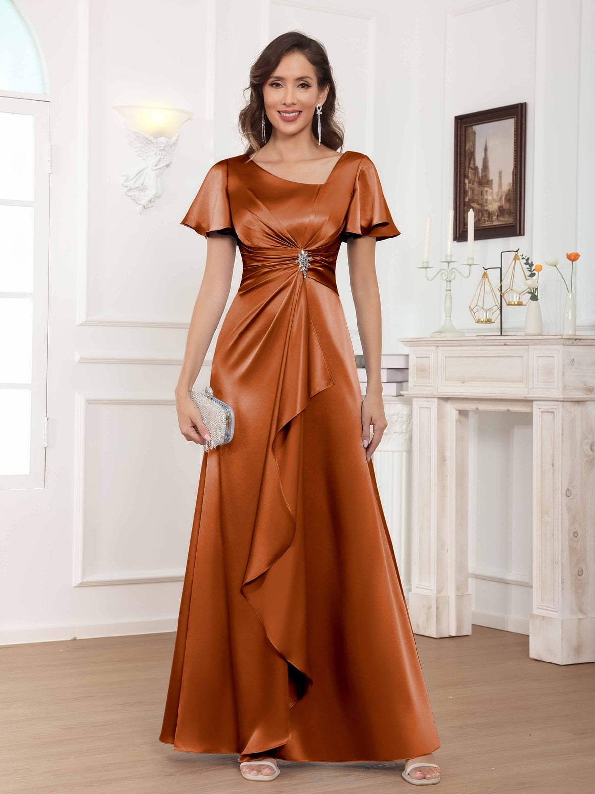 Burnt Orange Satin Sheath Dress with Beaded Bodice Burnt Orange Satin Sheath Dress with Beaded Bodice — Trendy Burnt Orange Dress