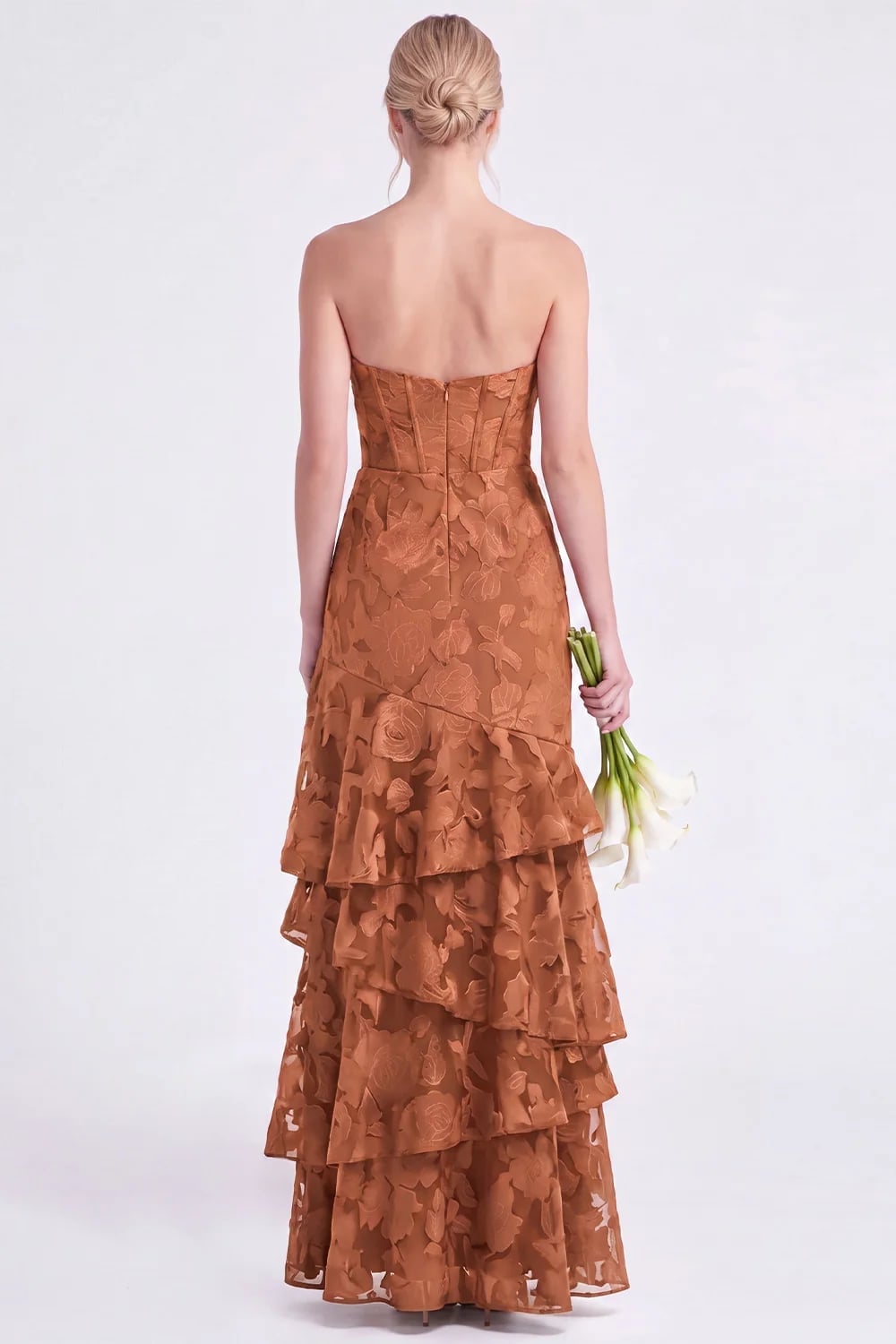 Burnt Orange Strapless A-Line Dress with Ruffled Skirt Burnt Orange Strapless A-Line Dress with Ruffled Skirt — Trendy Burnt Orange Dress