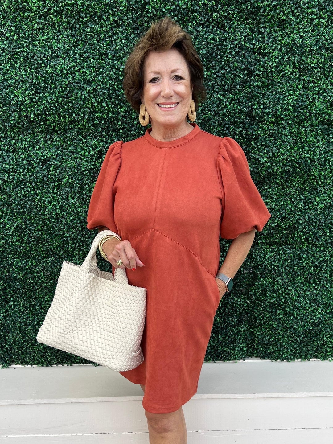Burnt Orange Faux Suede Dress with Puff Sleeves Burnt Orange Faux Suede Dress with Puff Sleeves — Trendy Burnt Orange Dress