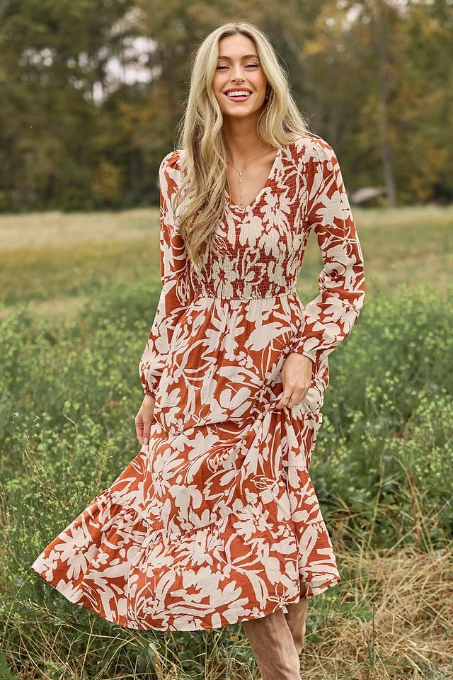 Burnt Orange Floral Print Maxi Dress with Smocked Bodice Burnt Orange Floral Print Maxi Dress with Smocked Bodice — Trendy Burnt Orange Dress
