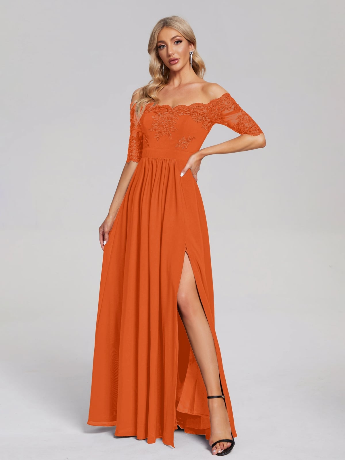 Orange Off-Shoulder Chiffon Dress with High Slit Orange Off-Shoulder Chiffon Dress with High Slit — Trendy Burnt Orange Dress