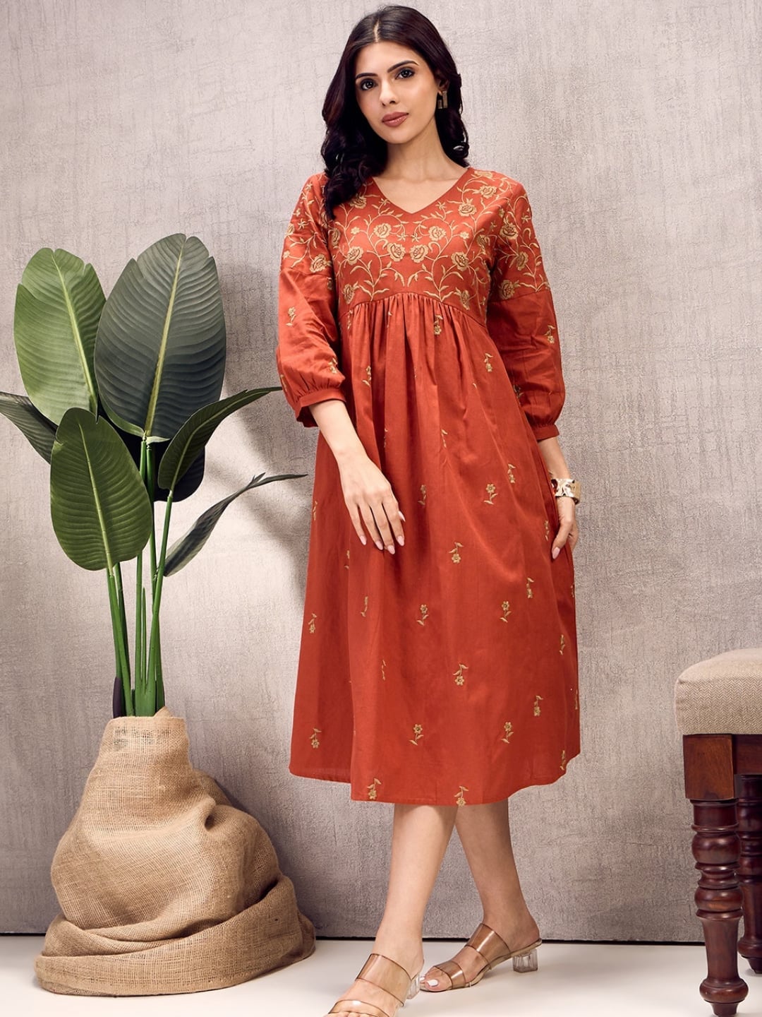 Burnt Orange Midi Dress with Gold Embroidery Burnt Orange Midi Dress with Gold Embroidery — Trendy Burnt Orange Dress