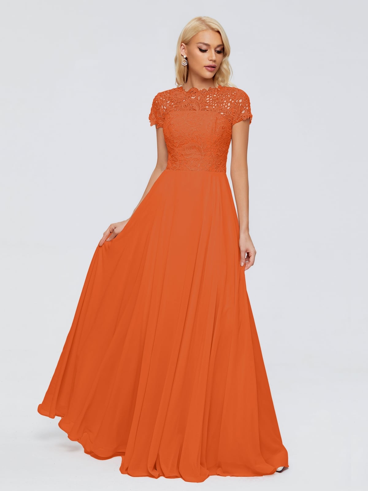 Orange Chiffon Maxi Dress with Lace Cap Sleeves Orange Chiffon Maxi Dress with Lace Cap Sleeves — Trendy Burnt Orange Dress