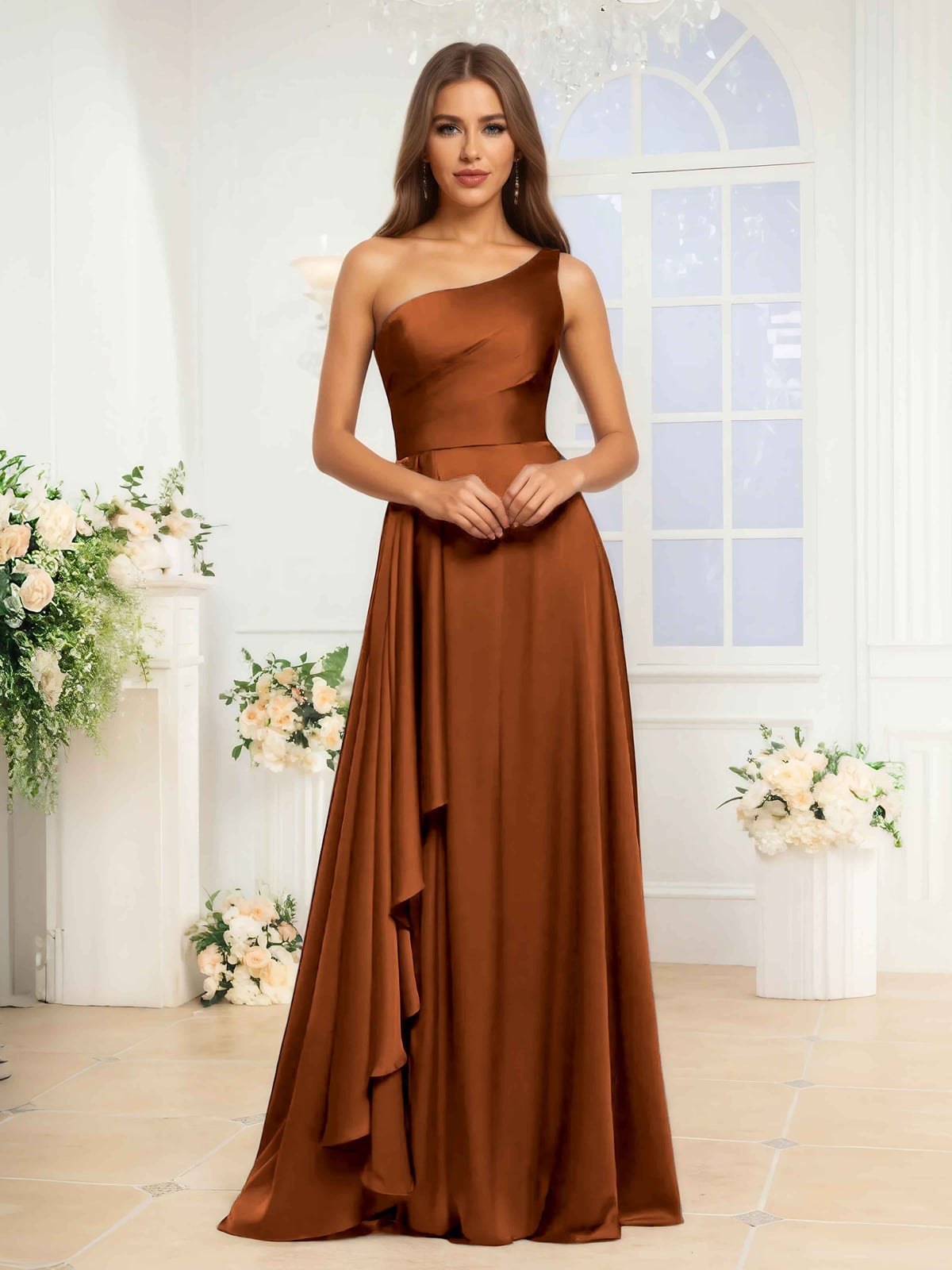 Burnt Orange One-Shoulder Satin Dress with Ruffled Skirt Burnt Orange One-Shoulder Satin Dress with Ruffled Skirt — Trendy Burnt Orange Dress