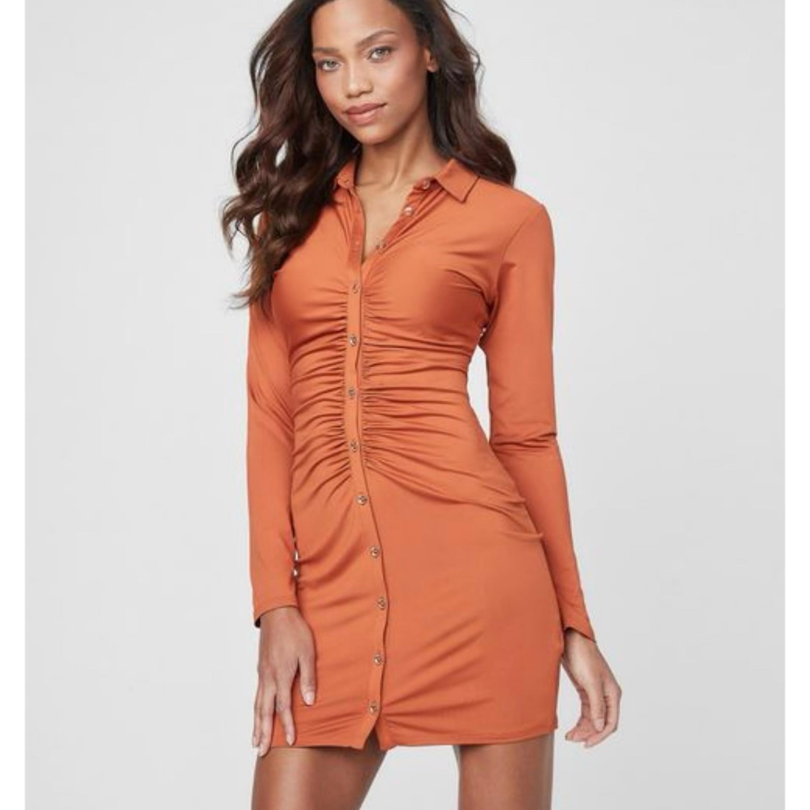 Burnt Orange Ruched Jersey Mini Dress Burnt Orange Ruched Jersey Mini Dress — Trendy Burnt Orange Dress