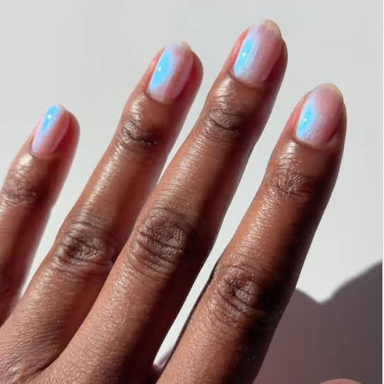Medium Squoval Pale Blue Pink White Shimmer Nails — Iridescent Nails