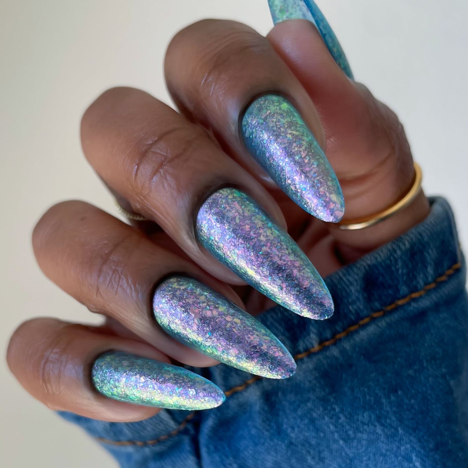 Long Stiletto Blue Purple Green Iridescent Shimmer Flake Nails — Iridescent Nails
