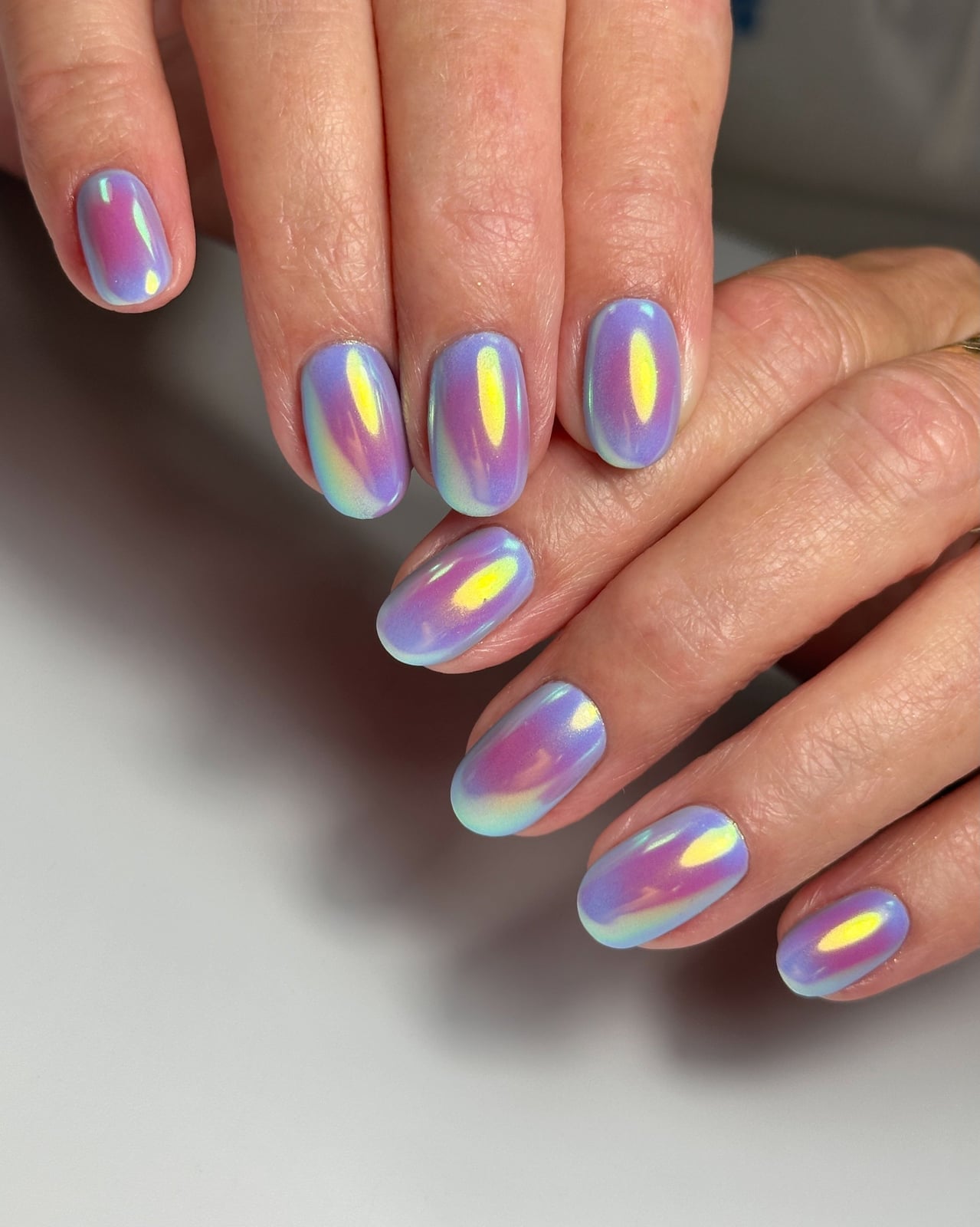 Long Sharp Almond Glass Iridescent Flake Nails — Iridescent Nails