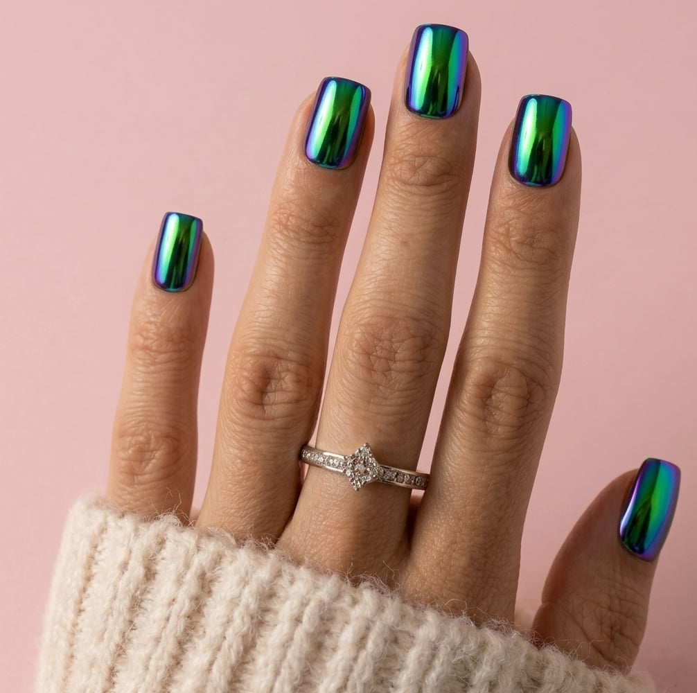 Short Square Green Blue Purple Chrome Shift Nails — Iridescent Nails